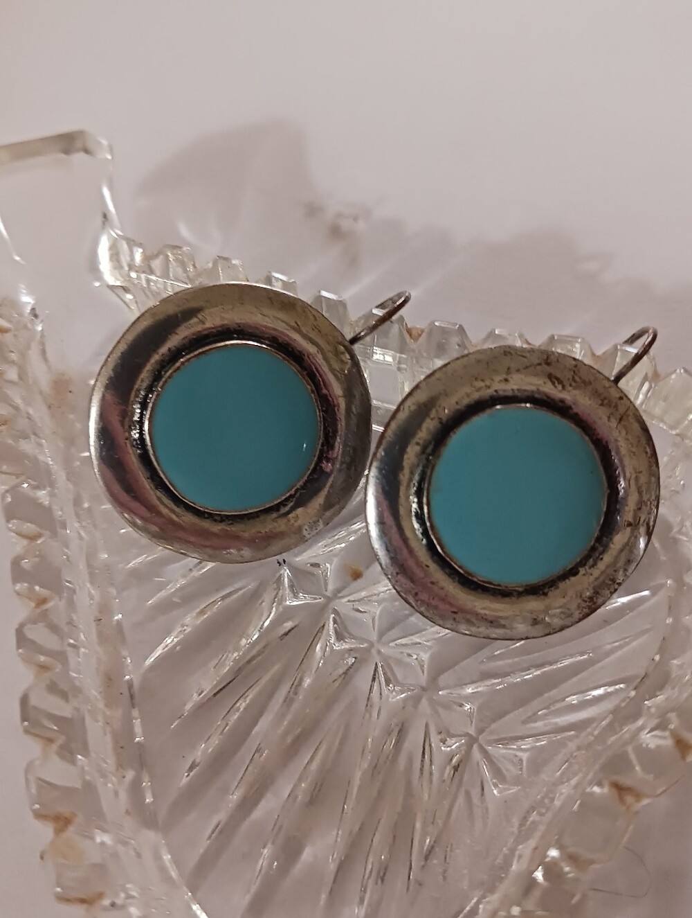 Vintage 1970s Turquoise In Silver Earrings, Pierced Clasp Backs